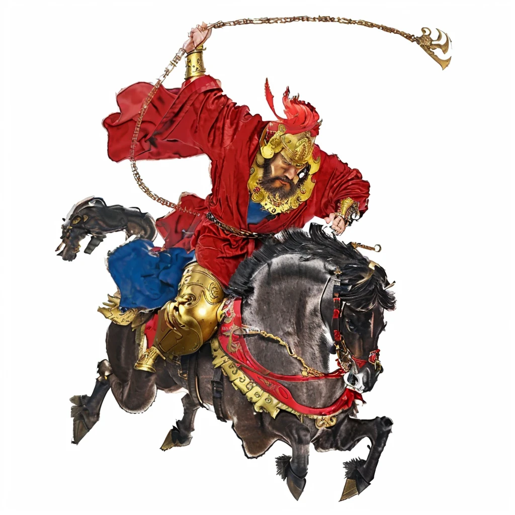 a chinese man with wild beard and thick eyebrow look at front, wearing red silky robe and gold ancient armour, riding black horse, , brown pants, gold color boot, waving metal chain weapon with crawl hook, big eyes