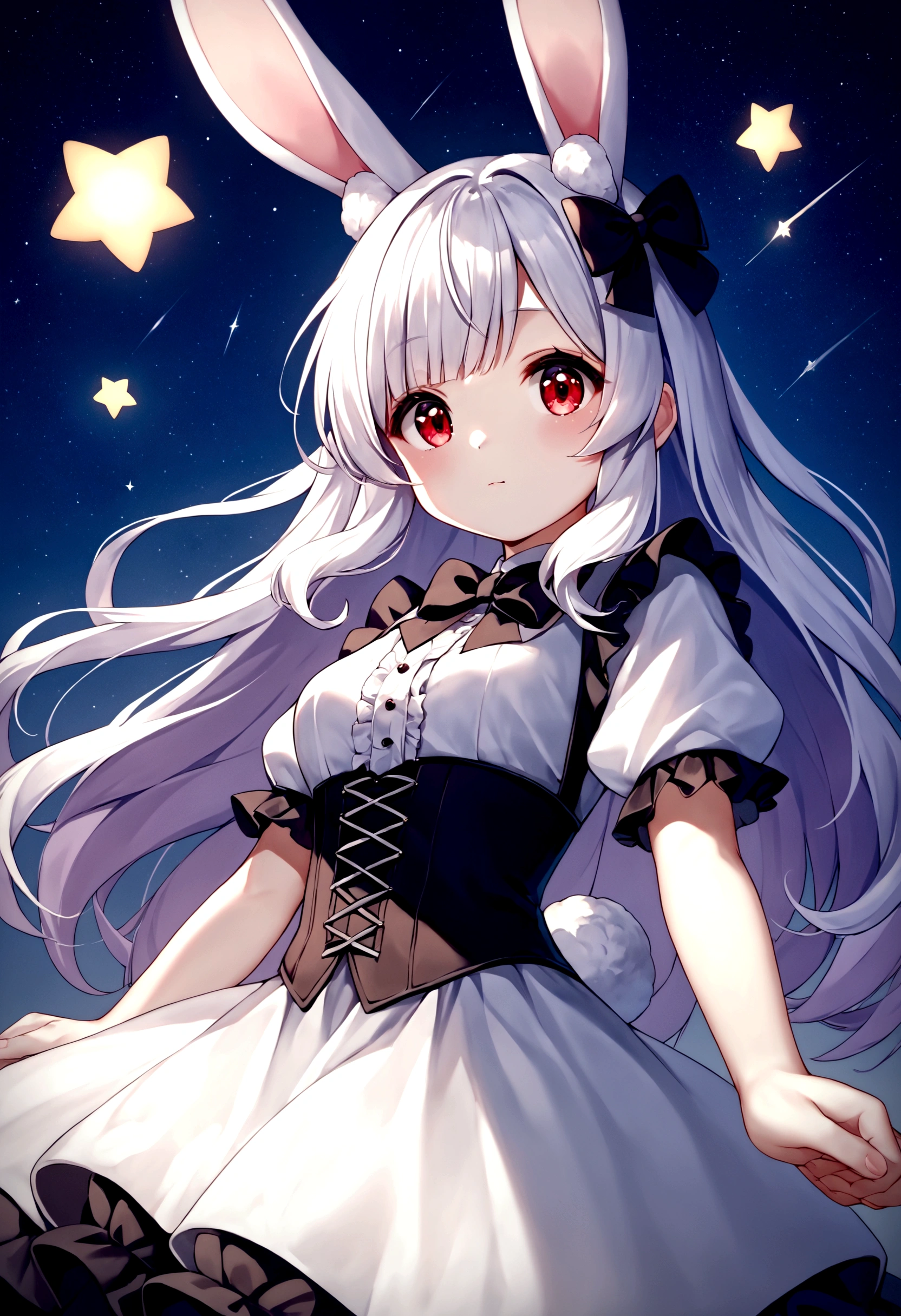 score_9, score_8_up, score_7_up, score_6_up, score_5_up, score_4_up,source_anime, source_furry,rating_safe, BREAK ,solo,1girl,human,cute,kawaii,,age of 10ir,very long hair,bangs,fluffy white rabbit ear,red eye,big eye,beautiful shiny eye,skin color white,big black hairbow,white frilled dress,breast, BREAK ,at plaza,at night,many beautiful twinkle stars,colorful nebulas,shooting star,from below