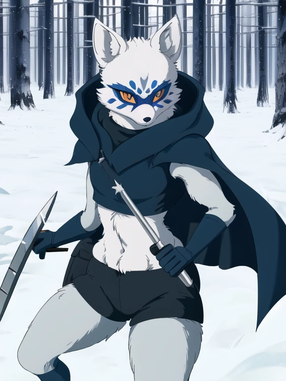 Alopex, arctic fox, furry, blue marks eye, tmnt, serious look, orange eyes, girl1, solo, park, forest, blue cape, black shirt, black shorts, best quality, masterpiece, sickle twin blades