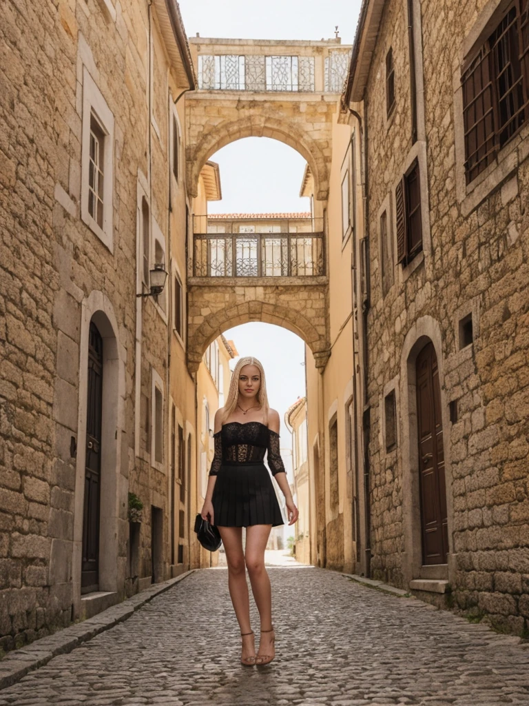 her name is Marie, high quality, 1girl, ((20-year-old fit Caucasian woman)), ((20 years old)), ((fit)), ((pale skin tone)), ((medium length straight blonde hair)), wearing Lace-Up Corset Top + High-Waisted Pleated Skirt, pose: standing, background: Write about the unique charm of Porto, Portugal, where tourists can stroll along the Douro River, sample port wine in historic cellars, and admire the city's colorful architecture