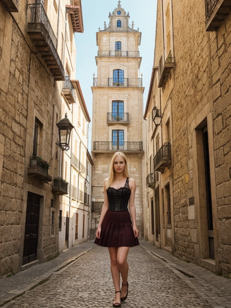 her name is Marie, high quality, 1girl, ((20-year-old fit Caucasian woman)), ((20 years old)), ((fit)), ((pale skin tone)), ((medium length straight blonde hair)), wearing Lace-Up Corset Top + High-Waisted Pleated Skirt, pose: standing, background: Write about the unique charm of Porto, Portugal, where tourists can stroll along the Douro River, sample port wine in historic cellars, and admire the city's colorful architecture