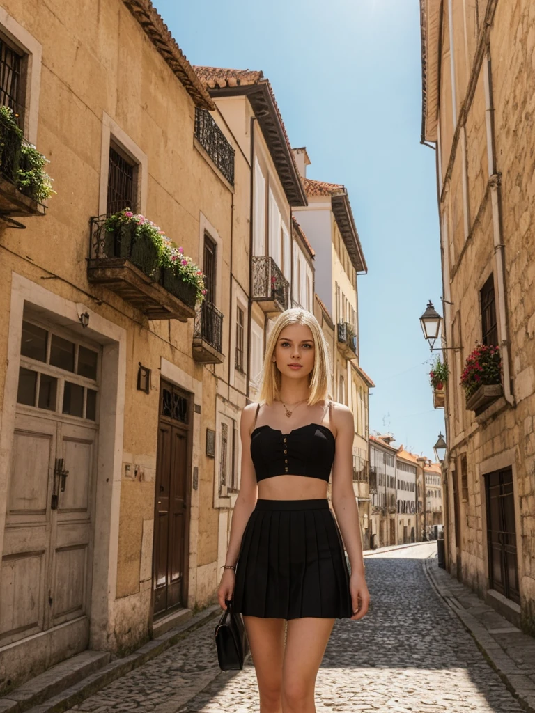 her name is Marie, high quality, 1girl, ((20-year-old fit Caucasian woman)), ((20 years old)), ((fit)), ((pale skin tone)), ((medium length straight blonde hair)), wearing Lace-Up Corset Top + High-Waisted Pleated Skirt, pose: standing, background: Write about the unique charm of Porto, Portugal, where tourists can stroll along the Douro River, sample port wine in historic cellars, and admire the city's colorful architecture