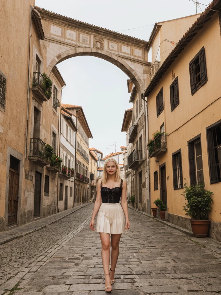 her name is Marie, high quality, 1girl, ((20-year-old fit Caucasian woman)), ((20 years old)), ((fit)), ((pale skin tone)), ((medium length straight blonde hair)), wearing Lace-Up Corset Top + High-Waisted Pleated Skirt, pose: standing, background: Write about the unique charm of Porto, Portugal, where tourists can stroll along the Douro River, sample port wine in historic cellars, and admire the city's colorful architecture