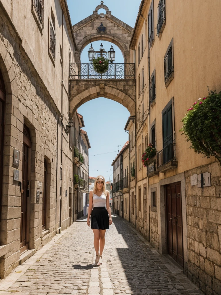 her name is Marie, high quality, 1girl, ((20-year-old fit Caucasian woman)), ((20 years old)), ((fit)), ((pale skin tone)), ((medium length straight blonde hair)), wearing Lace-Up Corset Top + High-Waisted Pleated Skirt, pose: standing, background: Write about the unique charm of Porto, Portugal, where tourists can stroll along the Douro River, sample port wine in historic cellars, and admire the city's colorful architecture