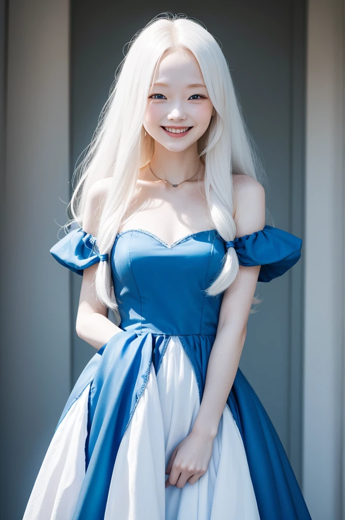 Albino woman, long hair, wears a blue dress and is smiling