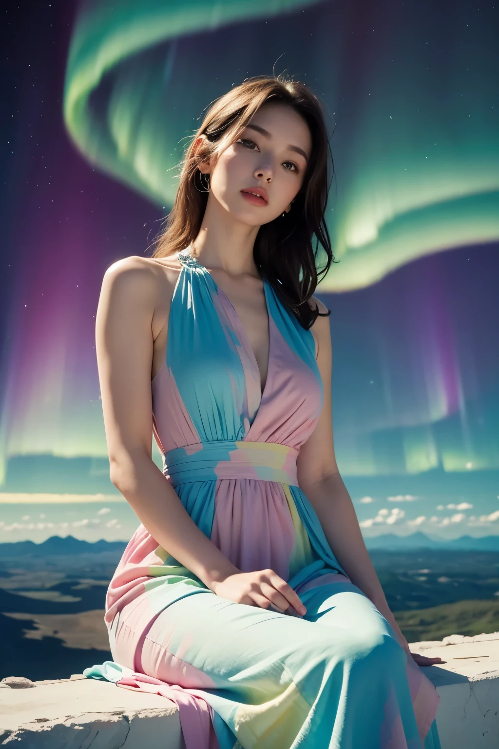 8K, masterpiece, Beautiful woman wearing a multicolored dress sitting on a cloud in the sky, hyperrealism, Aurora,