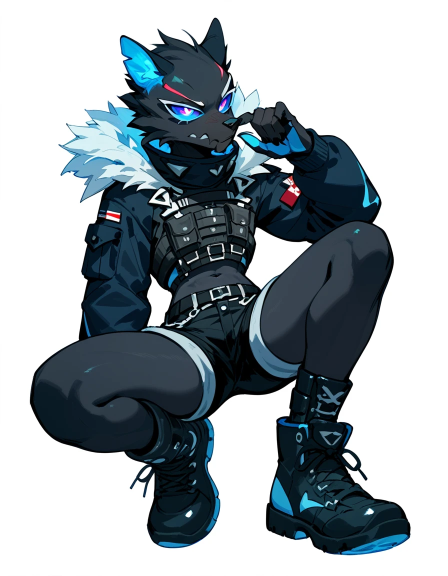 Anthro, blue inner ear, black fur, black body, blue sclera, wearing black military top, black short shorts, boots, grinning, simple white background, flat colors, 