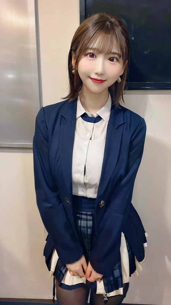 (masterpiece:1.2, Highest quality), (Realistic, photoRealistic:1.4), Beautiful illustrations, (Natural Side Lighting, Cinema Lighting),
View your viewers, 1 female, Japanese, 22 years old, High School Teacher, Perfect Face, Cute and symmetrical face, Shiny skin, Baby Face,
(short hair, Straight hair, Dark brown hair), Hair between the eyes, Deep purple eyes, (Middle chest, Captivating thighs, Big Ass), Earrings,
Beautiful Hair, Beautiful Face, Beautiful attention to detail, Beautiful clavicle, Beautiful body, Beautiful breasts, Beautiful thighs, Beautiful feet, Beautiful fingers,
((Navy jacket, close the jacket, Navy Tight Skirt, White collared shirt), Black Pantyhose), Purple neck ribbon, High heels,
(Beautiful views), evening, classroom, blackboard, squat, (Cute smile, Upward glance),