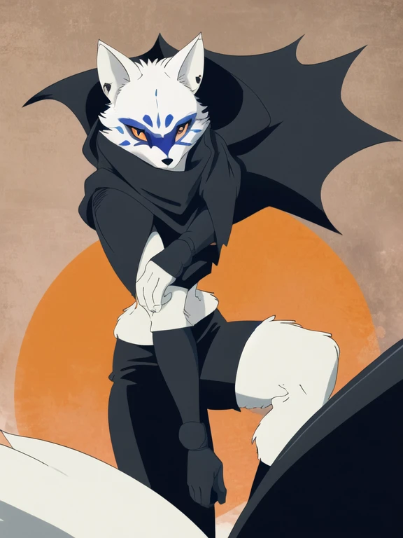 Alopex, arctic fox, furry, blue marks face, tmnt, serious look, orange eyes, girl1, solo, park, black cape, black shirt, black shorts, best quality, masterpiece,