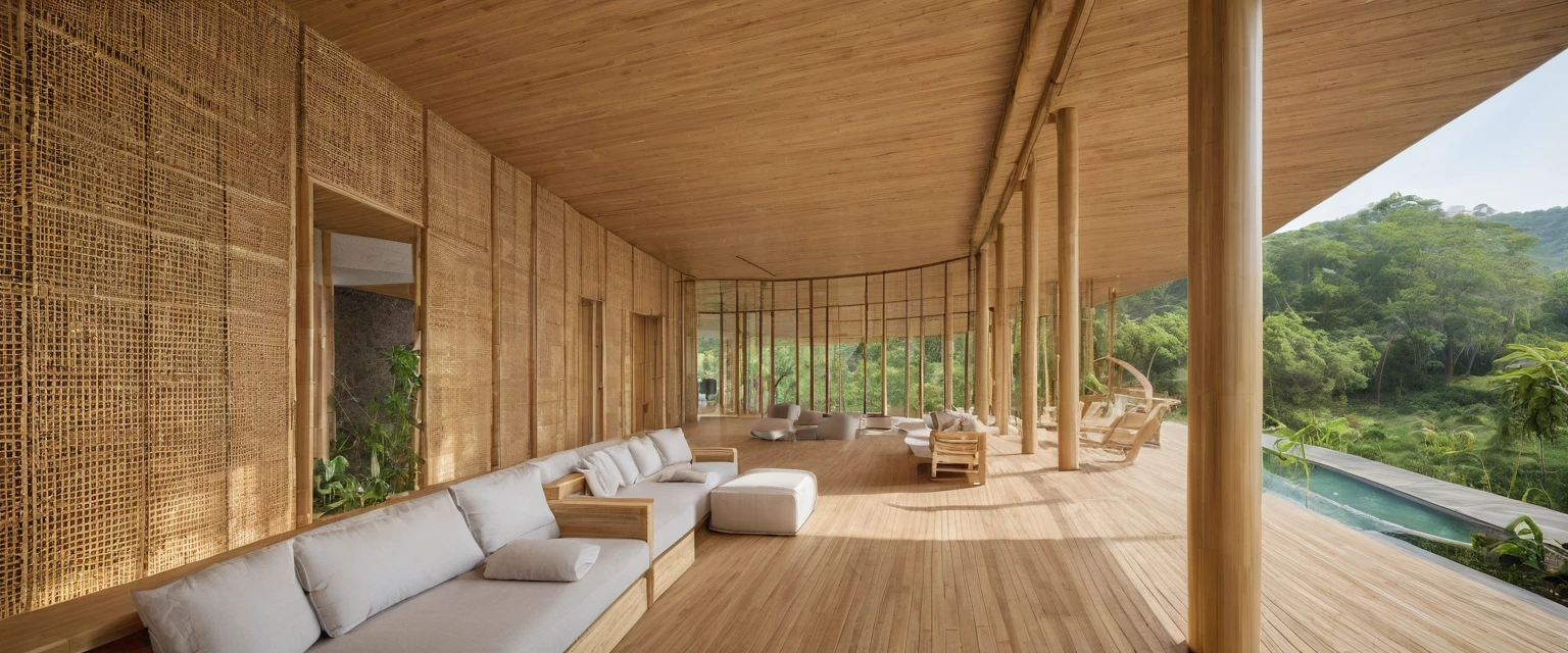 Design a modern cultural center that reflects a balance between nature and contemporary architecture. The design must incorporate the following elements and features:
Main Materials:
bamboo: Widely used in structure and decorative elements, highlighting its versatility and sustainability.
Reinforced concrete: Used in structural bases and in some walls, providing robustness and an aesthetic contrast with bamboo.
wood: Used in interior finishes and some structural elements, providing warmth and a natural touch to the environment.
Facade Design:
Curtain wall: Extensive glass surfaces that allow abundant entry of natural light, creating a visual connection with the outside environment.
Lattices: Incorporated in strategic areas to control direct sunlight and add an interesting architectural dimension.
hollow brick walls: Used in some sections, providing natural ventilation and a play of light and shadow.
Outdoor Spaces:
Plazas: Several open areas that serve as outdoor meeting and event spaces, integrated with the natural environment.
Walkways: Well-defined paths connecting different sections of the cultural center, designed to promote a smooth and pleasant ride.
Specific Details:
modern design: Architecture must be contemporary, with clean lines and a focus on functionality and minimalist aesthetics.
Integration with Nature: The use of bamboo and wood should highlight the connection with the natural environment, creating a harmonious and sustainable environment.
Energy efficiency: Incorporate elements that promote natural ventilation and the efficient use of sunlight to reduce energy consumption.