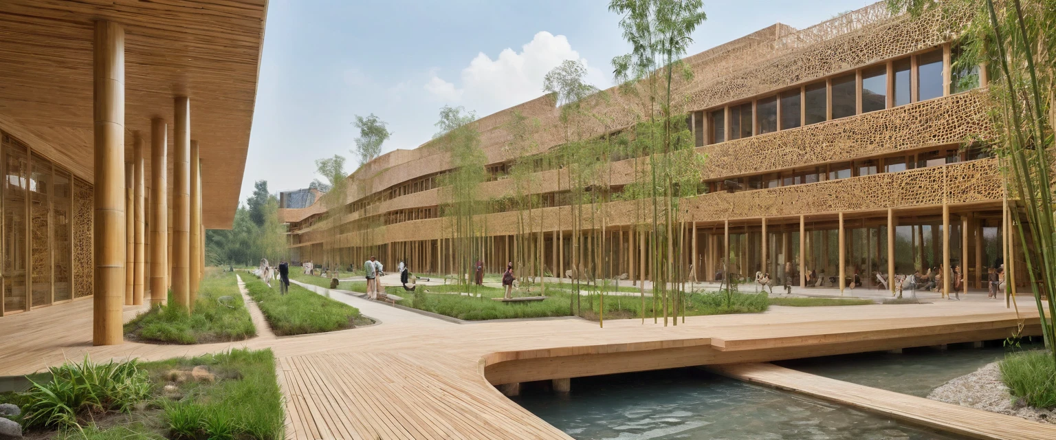Design a modern cultural center that reflects a balance between nature and contemporary architecture. The design must incorporate the following elements and features:
Main Materials:
bamboo: Widely used in structure and decorative elements, highlighting its versatility and sustainability.
Reinforced concrete: Used in structural bases and in some walls, providing robustness and an aesthetic contrast with bamboo.
wood: Used in interior finishes and some structural elements, providing warmth and a natural touch to the environment.
Facade Design:
Curtain wall: Extensive glass surfaces that allow abundant entry of natural light, creating a visual connection with the outside environment.
Lattices: Incorporated in strategic areas to control direct sunlight and add an interesting architectural dimension.
hollow brick walls: Used in some sections, providing natural ventilation and a play of light and shadow.
Outdoor Spaces:
Plazas: Several open areas that serve as outdoor meeting and event spaces, integrated with the natural environment.
Walkways: Well-defined paths connecting different sections of the cultural center, designed to promote a smooth and pleasant ride.
Specific Details:
modern design: Architecture must be contemporary, with clean lines and a focus on functionality and minimalist aesthetics.
Integration with Nature: The use of bamboo and wood should highlight the connection with the natural environment, creating a harmonious and sustainable environment.
Energy efficiency: Incorporate elements that promote natural ventilation and the efficient use of sunlight to reduce energy consumption.