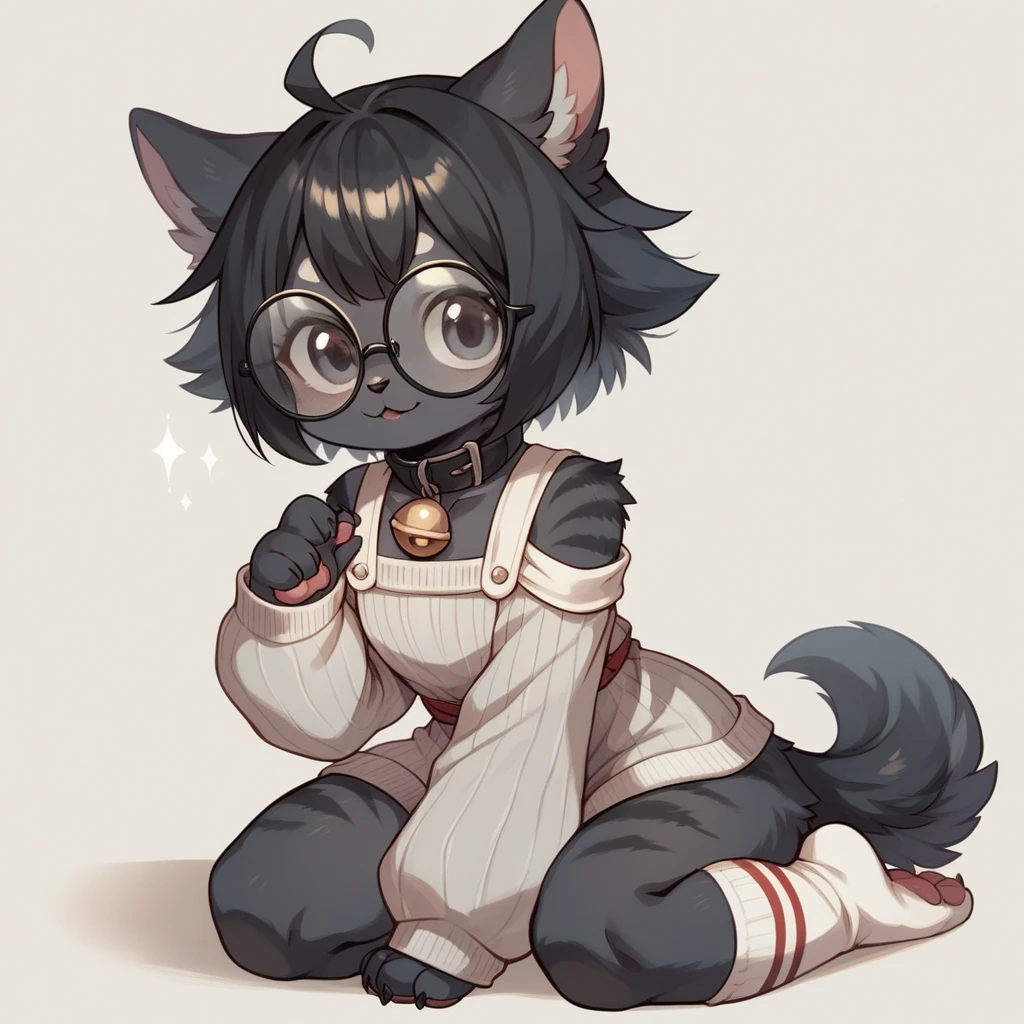 Furry lobo, little wolf, black fur, pointy wolf ears, black ears, Eyes red, detailed artwork, black fur, skin detailed, cute fur, shiny black hair, Round glasses without lenses, Black glasses, gray sweater with black stripes, black blouse with white flaps tied at the waist, white silk socks with gray stripes, cute thighs, detailed thighs, cute paws, black collar with white bell, shoulder pad with acute bridge spikes on right arm, small and cute wolf,