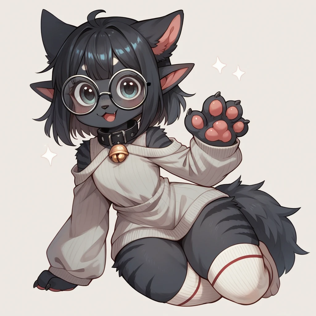 Furry lobo, little wolf, black fur, pointy wolf ears, black ears, Eyes red, detailed artwork, black fur, skin detailed, cute fur, shiny black hair, Round glasses without lenses, Black glasses, gray sweater with black stripes, black blouse with white flaps tied at the waist, white silk socks with gray stripes, cute thighs, detailed thighs, cute paws, black collar with white bell, shoulder pad with acute bridge spikes on right arm, small and cute wolf, 