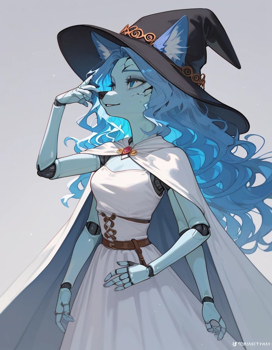 masterpiece, best quality, 1girl, solo, an Anthro furry blue fox girl, fox snout, black nose, IncrsXLRanni, wavy hair, cracked skin, colored skin, blue fur, extra arms, four arms, doll joints, white dress, hat, cloak, 