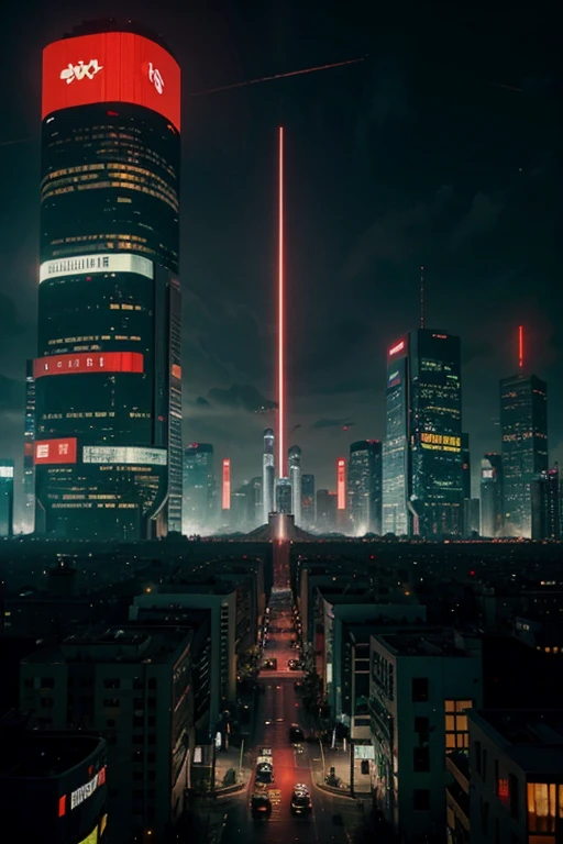 cyberpunk style city. futurist. urban. Red and green