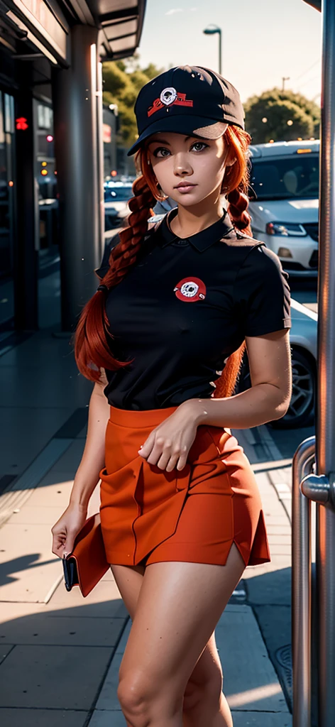 1girl, solo, red hair, red eyes, twintails, employee uniform, pencil skirt, skull print, navy cap, orange sky,, outdoors, train station, standing in front of bus,, 