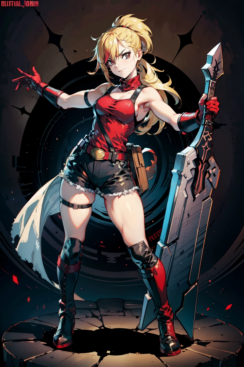 (masterpiece, best quality:1.2), red glowing eyes, red eyes, the eyes are red, perfect face, , strong make up, highres, 1 girl, solo, ultra long ponytail, (female:1.5), strife, blonde hair, shoulder armor, sleeveless turtleneck, suspenders, belt, gloves, bracer, evil smile, standing, portrait, looking at viewer, giant sword on the back, long leather boots, fullbody shot