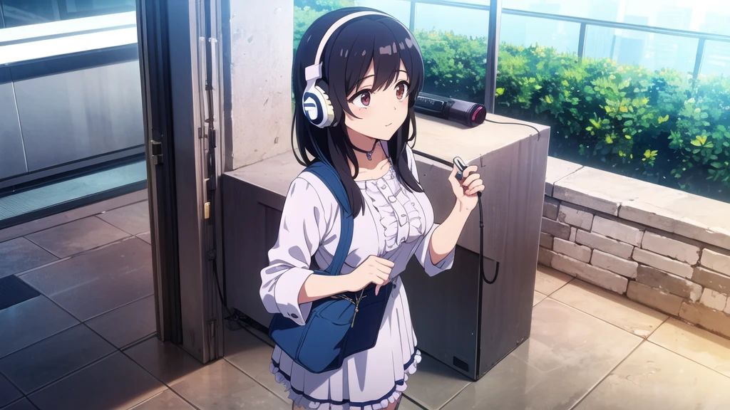 A cute, busty girl in her 20s wearing a frilly, feminine outfit、Listening to music through a headset and holding a Walkman。She is there、A nostalgic 1980s town。