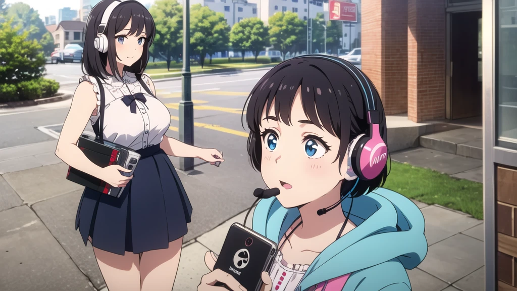 A cute, busty girl in her 20s wearing a frilly, feminine outfit、Listening to music through a headset and holding a Walkman。She is there、A nostalgic 1980s town。