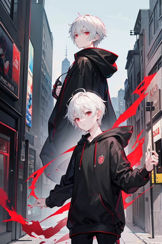 A young man with short white hair, red eyes. Wearing a black hoodie with gray details. He is standing, looking to the side. On a center of a city. Dungeons and Dragons art direction, studio ghibli Style