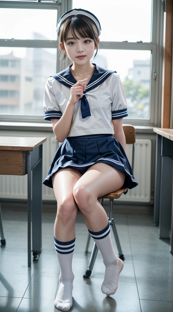 (Happy expression:1.26)、Raw photo、(((Ultimate beauty full body photo shoot)))、((Glowing Skin))、1 girl、Beautiful 19 year old girl from Prague、Baby Face、Bright expression、Detailed face、Alluring、((Black-haired、Short Hair:1.2))、skirt、View from the floor、(Light blue and white striped long socks:1.2)、(Thigh-high socks:1.2)、((Sailor suit、uniform、Mini skirt:1.5))、(Micro Skirt、high waist)、(Place your elbows on the desk、Sitting on a chair with legs wide open:1.2)、((She opens her legs to show us her panties.:1.5))、(:1.5)、((Stand on tiptoes))、counter point shot、((Very detailed))、(Perfectly detailed face)、(Fine hand)、(finger details)、(good human structure)、A photorealistic masterpiece、最high quality、Very detailed、Film Light、Intricate details、High resolution、very detailed))、Detailed Background、8 KUHD、Digital single-lens reflex camera、Soft Light、high quality、Film Grain、Fujifilm XT3 、Shallow depth of field、natural Soft Light、Kamimei、classroom、Seen from a little below、