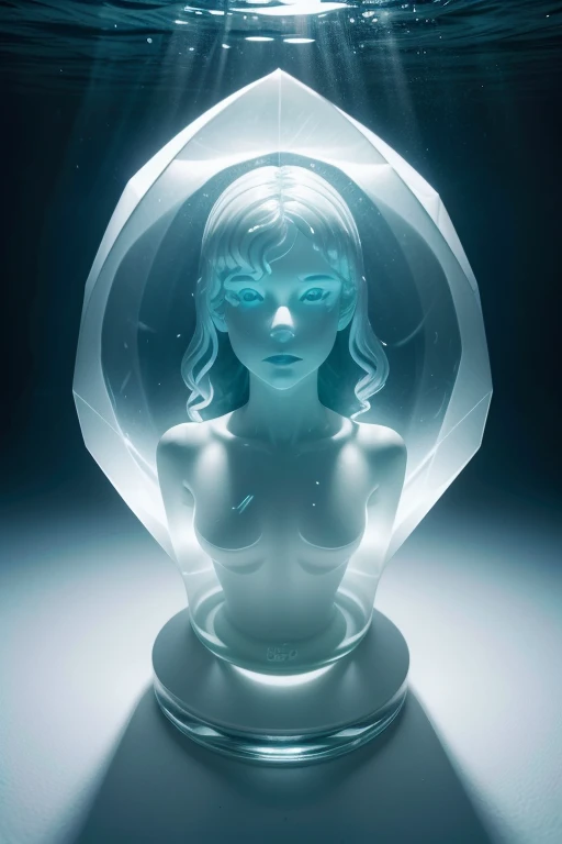 image of a transparent white glass tiger underwater, É made of glass transparente, Chess piece, made of glass, completely translucent white, You can see through your transparent skin