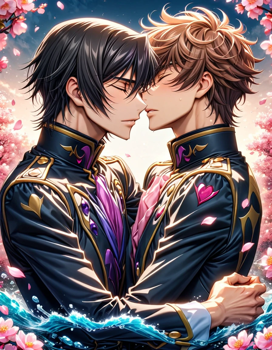 absurdres, highres, ultra detailed, HDR, master piece, best quality, Lelouch Lamperouge, black hair, closed eyes, Code Geass, Kururugi Suzaku, brown hair, closed eyes, two sexy men kissing, yaoi, gay couple, handsome, black military uniform, fantasy, shining, pink flowers, pink blossoms, water, pink petals