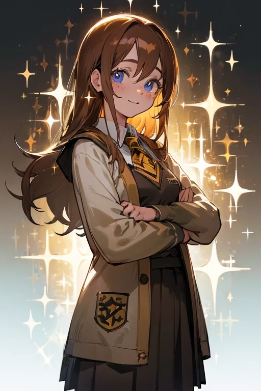 ((, Masterpiece: 1.5, best quality, high resolution: 1.3, super resolution, super detailed, ultra detailed: 1.3, Perfect Anatomy: 1.5, 1 woman ) tanned skin + long brown hair + light blue eyes + long eyelashes + female figure + freckled cheeks (hogwarts uniform, Hufflepuff colors) ((open eyes, friendly cute expression, sparkle in eyes))