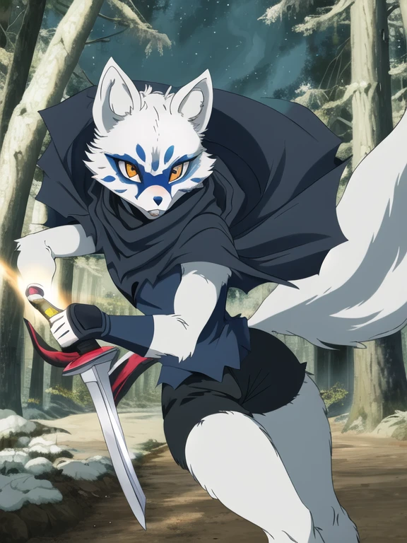 Alopex, arctic fox, furry, blue marks eye, tmnt, serious look, orange eyes, girl1, solo, park, forest, blue cape, black shirt, black shorts, best quality, masterpiece, sickle twin blade