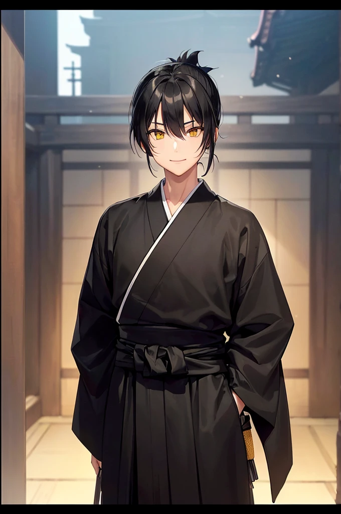 (masterpiece; best quality: 1.2), (finely detailed eyes: 1.3), ((1 young man)), ((solo)), (yellow eyes: 1.4), (masculine; lean, toned: 1.3), (short black hair in low ponytail: 1.3), (beautiful and clear background: 1.2), ((depth of field)), (clothes: all-black ronin hakama + all-black ronin kimono: 1.3), (anime illustration: 1.2), (background; old japanese mansion exterior+ night: 1.1), (extremely fine and handsome: 1.1), (frame composition; standing + close-up: 1.5), (expression; calm, smile: 1.2)