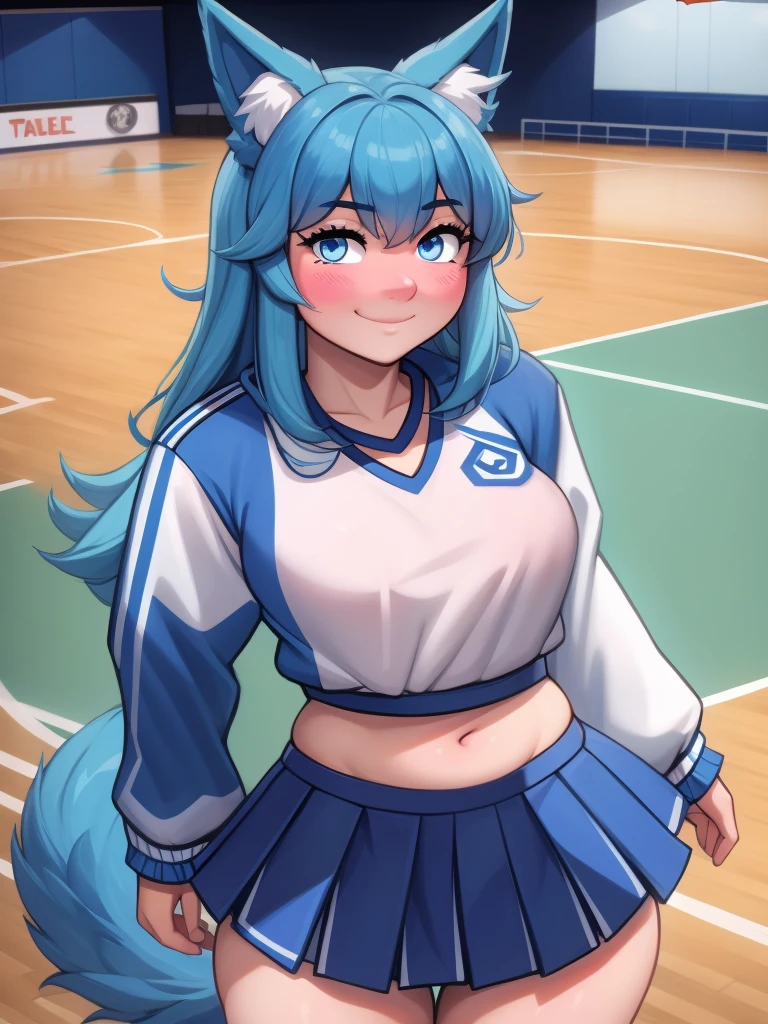 (Masterpiece) (High Detail) (High Res) A close up of a short humanoid girl with pale human skin and blue eyes and long blue hair and blue dog ears and a fluffy blue dog tail and average breasts. She is stood on a basketball court and She is wearing a navy blue and white cheerleader outfit. With Navy blue and white cheerleader pleated skirt. A Navy blue and white Varsity jacket. She has blushing cheeks and looks cheerful.