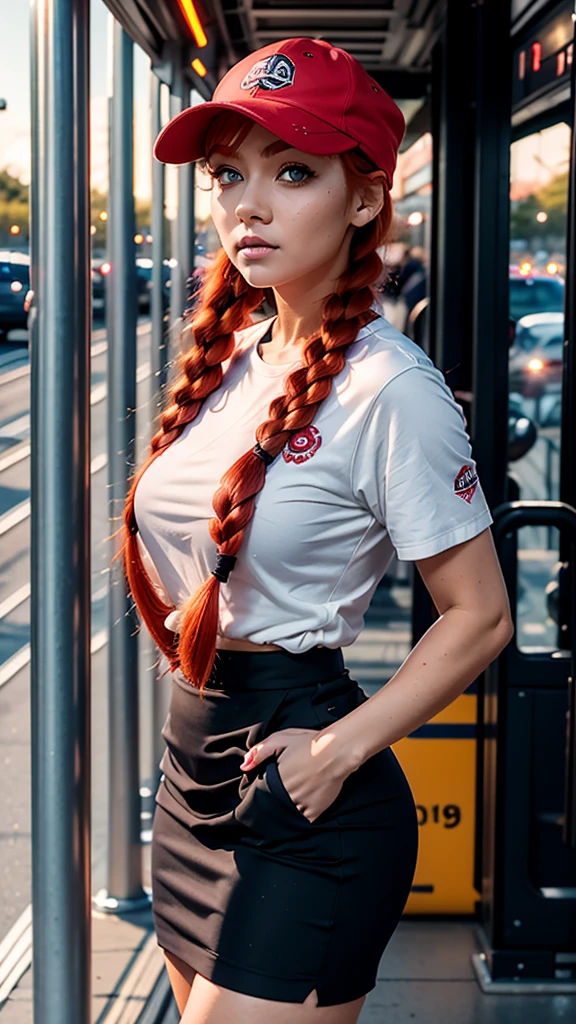 1girl, solo, red hair, red eyes, twintails, employee uniform, pencil skirt, skull print, navy cap, orange sky,, outdoors, train station, standing in front of bus,, 