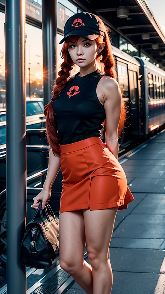 1girl, solo, red hair, red eyes, twintails, employee uniform, pencil skirt, skull print, navy cap, orange sky,, outdoors, train station, standing in front of bus,,