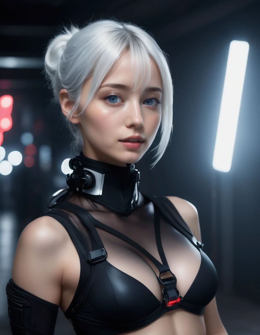 (nsfw:1.2), masterpiece, Best Quality, Realistic, Futuristic fashion art, 
BREAK 
beautiful young woman with blue eyes, ig model, high detail, render of april, (wide angle, sitting, all body shot, full body in frame:1.3),  arms up and showing armpit

BREAK 
 (very slim waist:1.2), large breasts, (large buttocks), cameltoe, exuding a sculptural beauty, White and beautiful Silky skin, 
hyper small head, Detailed face and eyes, cute and Pretty slim face, Duck mouth, perfect beautiful Tooth, arranged gray hair, looking viewer, 

BREAK (Cyber sports gear:1.2), (all black fashion art:1.2),
See-through red sports gear with multiple elastic black neon harnesses for clothing, A multi-layered White neon harness wrapped around the entire body, Designed White led harness, serene expression, futuristic accessories, White neon trim and hem, reflective See-through surface, minimalistic beauty, wearing White technical Sneakers, advanced technology, harmonious stance, striking simplicity, 

BREAK 
 (In a dimly lit room, the White neon glows brilliantly, The interior of a futuristic colony, with mist drifting and steam rising from concrete),