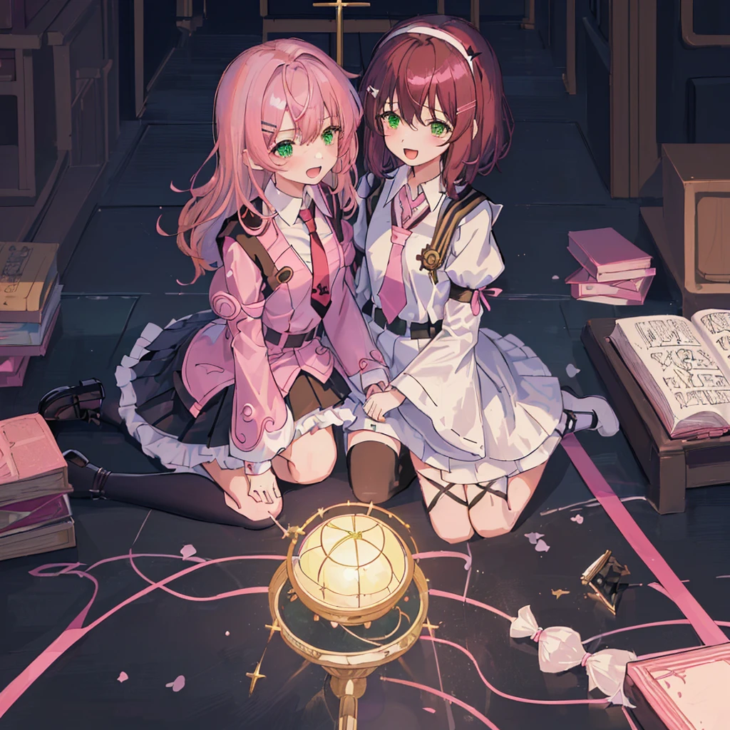 masutepiece, High resolution, High quality, 2 girls, church background, One of the girls is((((White Fantasy Costume)),((Holy Summoner)), Green eyes, Brown medium hair,20 years old, Contempt and contempt,((Adult)))),One of the girls is、(( (Black school uniform),(Pink short hair),two side up,(Pink ribbon),(red necktie),Long sleeve,(bulging sleeves),fluffy hair,(Open your mouth and laugh),Elementary school girls,Short stature,Buriko,Ruffled uniforms,hair clips,Ridicule,14 years old,Lori)),realisitic,Two Girls in a Church,((Lori girl with brown hair and adult holy summoner with black student costume and pink hair)),((adult girl and loli girl)),