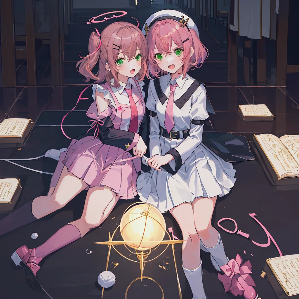 masutepiece, High resolution, High quality, 2 girls, church background, One of the girls is((((White Fantasy Costume)),((Holy Summoner)), Green eyes, Brown medium hair,20 years old, Contempt and contempt,((Adult)))),One of the girls is、(( (Black school uniform),(Pink short hair),two side up,(Pink ribbon),(red necktie),Long sleeve,(bulging sleeves),fluffy hair,(Open your mouth and laugh),Elementary school girls,Short stature,Buriko,Ruffled uniforms,hair clips,Ridicule,14 years old,Lori)),realisitic,Two Girls in a Church,((Lori girl with brown hair and adult holy summoner with black student costume and pink hair)),((adult girl and loli girl)),