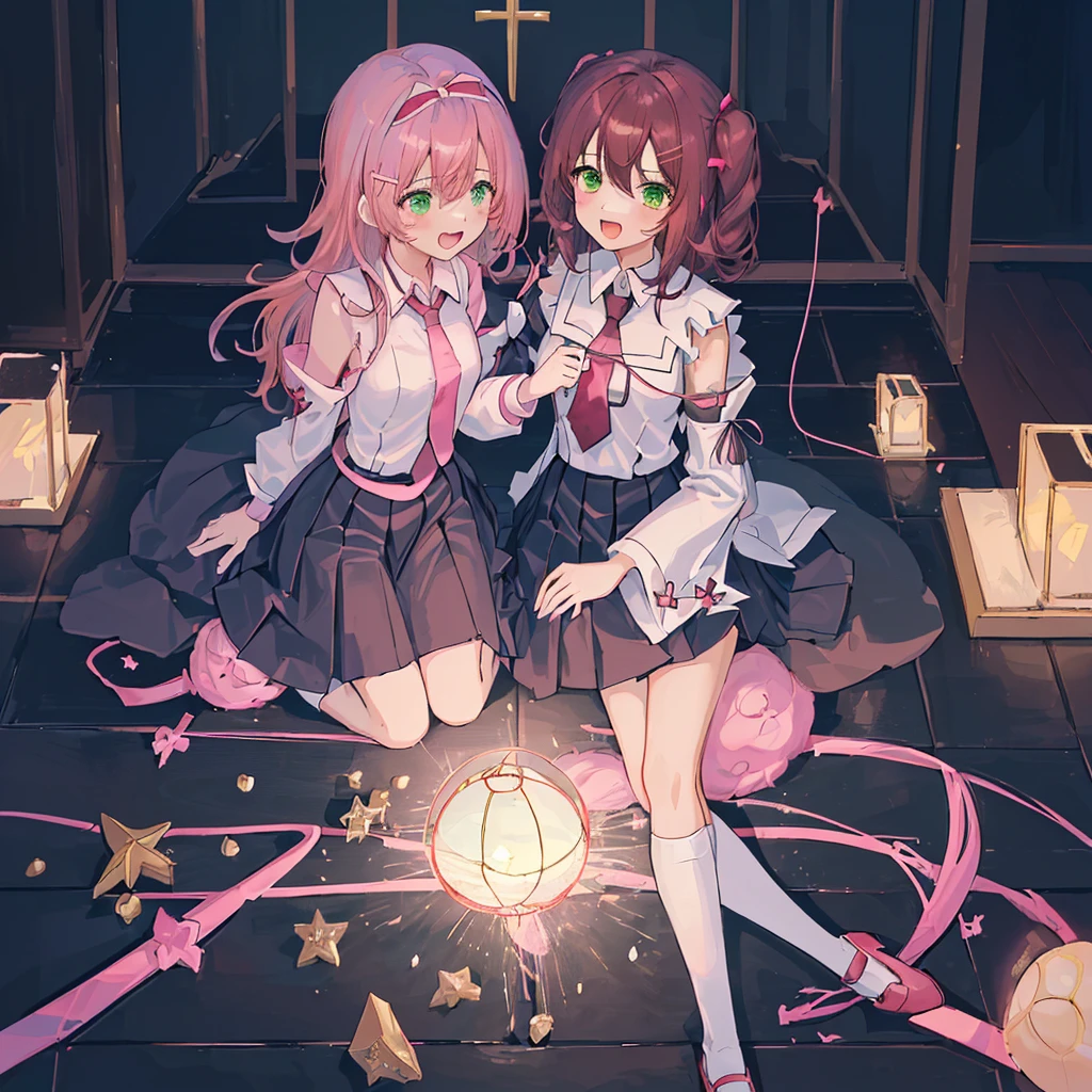masutepiece, High resolution, High quality, 2 girls, church background, One of the girls is((((White Fantasy Costume)),((Holy Summoner)), Green eyes, Brown medium hair,20 years old, Contempt and contempt,((Adult)))),One of the girls is、(( (Black school uniform),(Pink short hair),two side up,(Pink ribbon),(red necktie),Long sleeve,(bulging sleeves),fluffy hair,(Open your mouth and laugh), girls,Short stature,Buriko,Ruffled uniforms,hair clips,Ridicule,14 years old,Loric,Two Girls in a Church,((Lori girl with brown hair and adult holy summoner with black student costume and pink hair)),((adult girl and loli girl)),