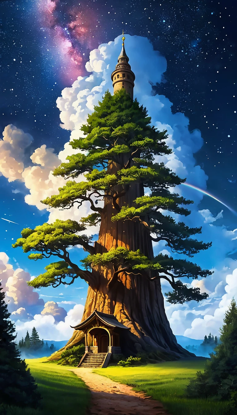 A land of giant trees that reach the clouds, A small tree and a tower at the base of a giant tree, Fantastic night sky, Digital Painting, Vibrant, Magic, 8K resolution