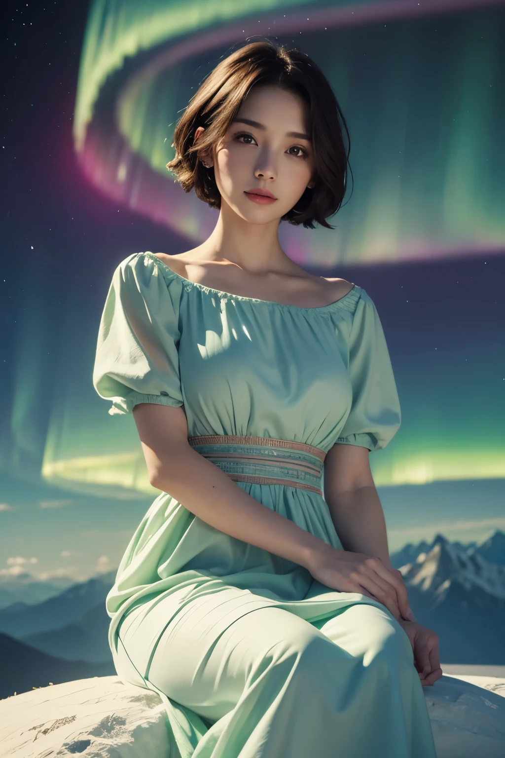 8K, masterpiece, Beautiful woman wearing a multicolored dress sitting on a cloud in the sky, hyperrealism, Aurora, short cut hair,