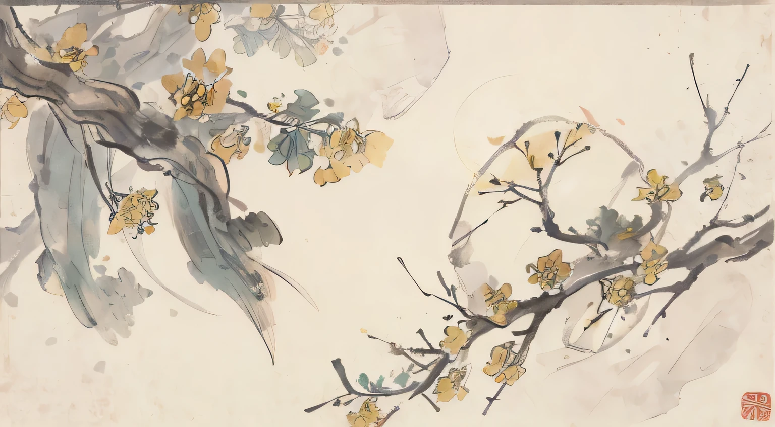 (masterpiece，Best quality：1.2），Traditional Chinese ink painting，Yellow osmanthus flowers，Osmanthus on branches，Green leaves on tree branches，Left and right diagonal composition，nobody，Mid-Autumn Festival theme