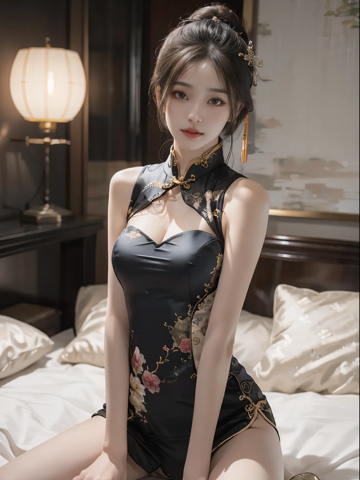 (Outside) (glowing skin), various colors,best quality best,masterpiece,realistic photo,intricate details,RAW photos,court,colorful cheongsam in black color,very long hair,cropped shoulder,delicate face,Cleavage exposed,decoration,in bed,Onchipao(Onchipao(Onchipao(on top of cheongsam))),race,wear less clothes,decoration,thigh exposure,close-up from the front,looking at camera, white panties, spread legs, arms raised