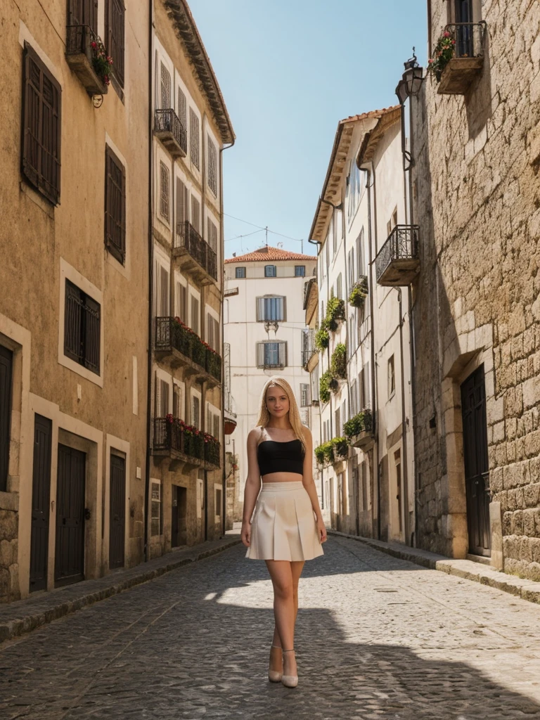 her name is Marie, high quality, 1girl, ((20-year-old fit Caucasian woman)), ((20 years old)), ((fit)), ((pale skin tone)), medium length straight blonde hair , wearing Lace-Up Corset Top + High-Waisted Pleated Skirt, pose: standing, background: Write about the unique charm of Porto, Portugal, where tourists can stroll along the Douro River, sample port wine in historic cellars, and admire the city's colorful architecture