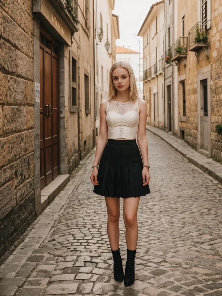 her name is Marie, high quality, 1girl, ((20-year-old fit Caucasian woman)), ((20 years old)), ((fit)), ((pale skin tone)), medium length straight blonde hair , wearing Lace-Up Corset Top + High-Waisted Pleated Skirt, pose: standing, background: Write about the unique charm of Porto, Portugal, where tourists can stroll along the Douro River, sample port wine in historic cellars, and admire the city's colorful architecture