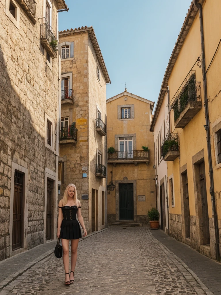 her name is Marie, high quality, 1girl, ((20-year-old fit Caucasian woman)), ((20 years old)), ((fit)), ((pale skin tone)), medium length straight blonde hair , wearing Lace-Up Corset Top + High-Waisted Pleated Skirt, pose: standing, background: Write about the unique charm of Porto, Portugal, where tourists can stroll along the Douro River, sample port wine in historic cellars, and admire the city's colorful architecture