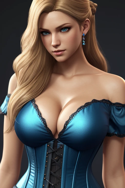 Video Game character, Princess, 26 years old, Scandinavian woman, Golden blonde hair, long hair, bun-like hairstyle, bright blue eyes, pale skin, large breasts, buxom chested, tight blue dress, corset, off shoulder, cleavage, diamond tiara. Whole body, Casual pose, Beautiful pose, (Extremely detailed CG 8k wallpaper), (Extremely delicate and beautiful), (Masterpiece), (Best quality: 1.0), (Ultra-high resolution: 1.0), Beautiful lighting, Perfect lighting, Realistic shadows, [high resolution], Detailed skin, Super detailed (((Colorful))), Digital art, Final Fantasy concept art, full body concept art, Expert concept art with high detail, concept-art, rpg game concept art, concept-art, Yoshitaka Amano style, Video game concept art, 4K, full body portrait
