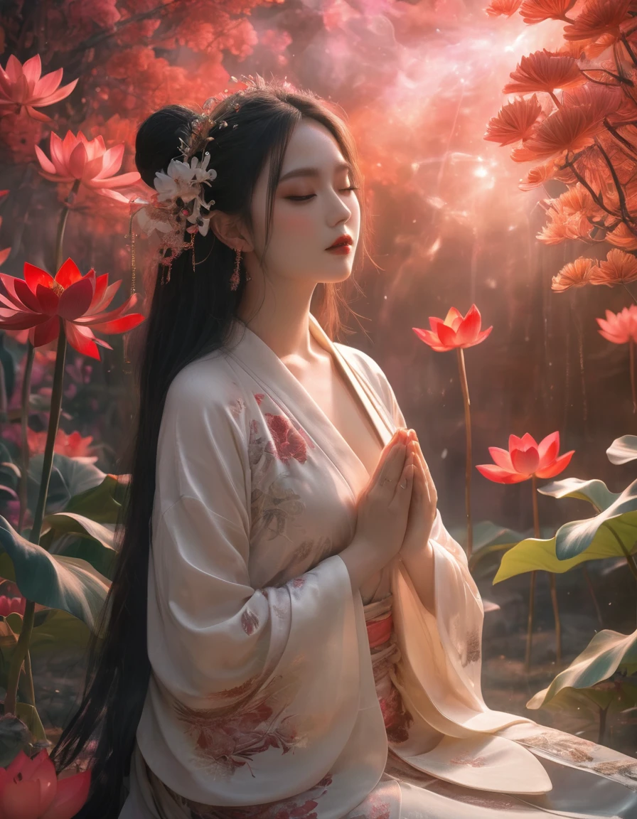 Full-body photo of a courtesan in lotus position，Praying with palms together、Anatomically correct,born, Cinematic shots, (Sharp focus:1.5), (Realistic:1.4), dusk lighting, Volumetric lighting, Ultra-high resolution, 16K,Dramatic lighting, Abstract background：1.5）（Tangleた，Datura stramonium，Holding a heart light in your hand、Tangle，Intertwined：0.7）witch，Red kimono, Foxfire spells, conversion, Depth of written boundary, A fantastic atmosphere, The most beautiful form of chaos, Elegance, Fauvist Design Dark Theme, flowers of death, flowers of ecstasy，Glowing Lines,Glow Example，Tracking example，flash， Backlight，translucent，Particles of light,hill，exit