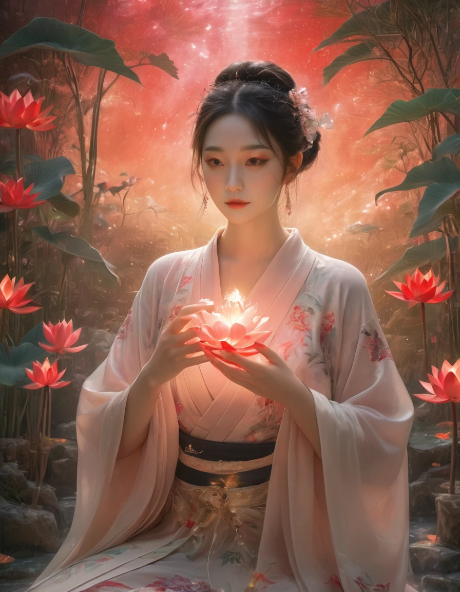 Full-body photo of a courtesan in lotus position,Praying with palms together、Anatomically correct,born, Cinematic shots, (Sharp focus:1.5), (Realistic:1.4), dusk lighting, Volumetric lighting, Ultra-high resolution, 16K,Dramatic lighting, Abstract background:1.5)(Tangleた,Datura stramonium,Holding a heart light in your hand、Tangle,Intertwined:0.7)witch,Red kimono, Foxfire spells, conversion, Depth of written boundary, A fantastic atmosphere, The most beautiful form of chaos, Elegance, Fauvist Design Dark Theme, flowers of death, flowers of ecstasy,Glowing Lines,Glow Example,Tracking example,flash, Backlight,translucent,Particles of light,hill,exit