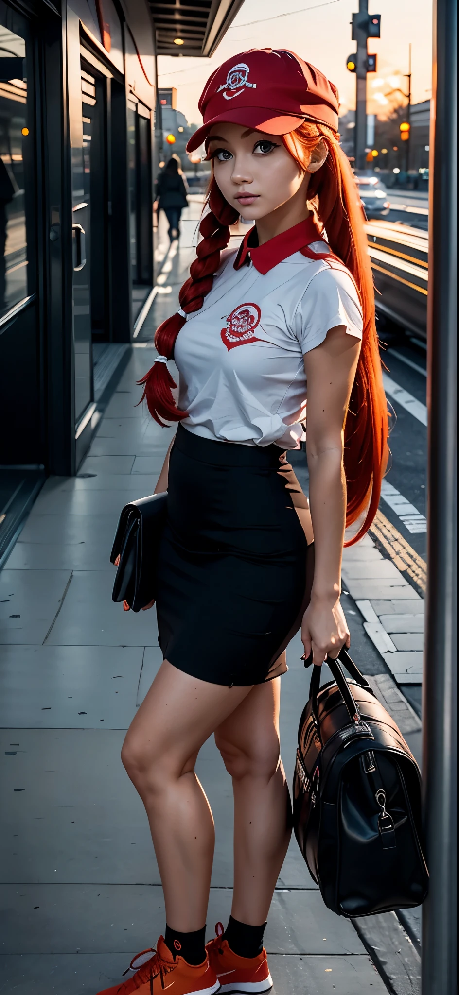1girl, solo, red hair, red eyes, twintails, employee uniform, pencil skirt, skull print, navy cap, orange sky,, outdoors, train station, standing in front of bus,, 