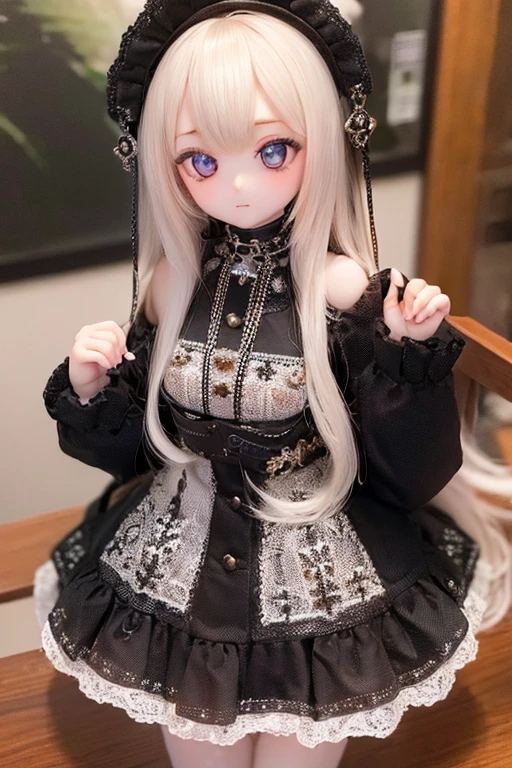 photorealistic, realistic photo, ((highest quality)), ((masterpiece)), (extremely detailed), kukolnydom, doll, (mature woman:1.6), solo, eye level shot, sitting on sofa, hands on knees, green eyes, (looking down, blank eyes, empty eyes, detailed eyes:1.3), light smile, dress, museum, 8k