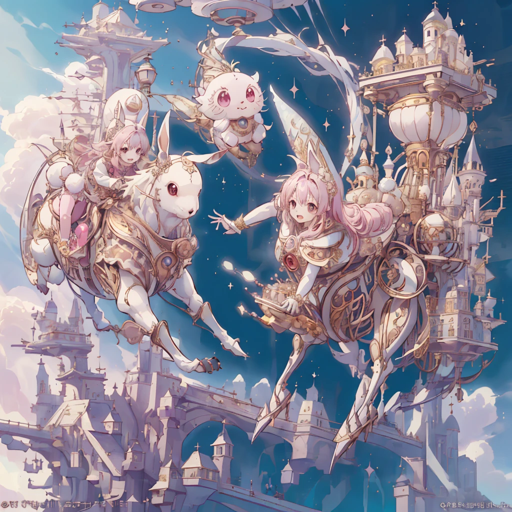 1girl、(((Highest quality、Masterpiece、Official Art、The best dynamic composition、Super detailed)))、IvoryGoldAI、Pink gold color、The near-future world、kawaii tech、Rabbit-themed airship、Fantasy、Absurd、